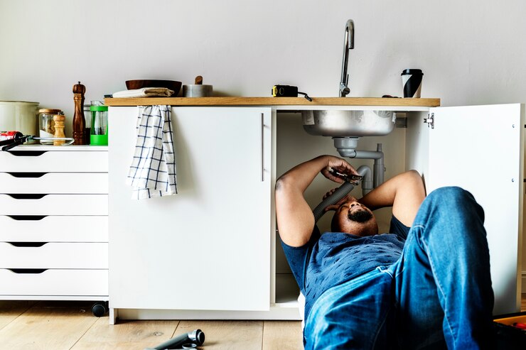 A Man plumber installation kitchen sink Plumbing installations basingstoke